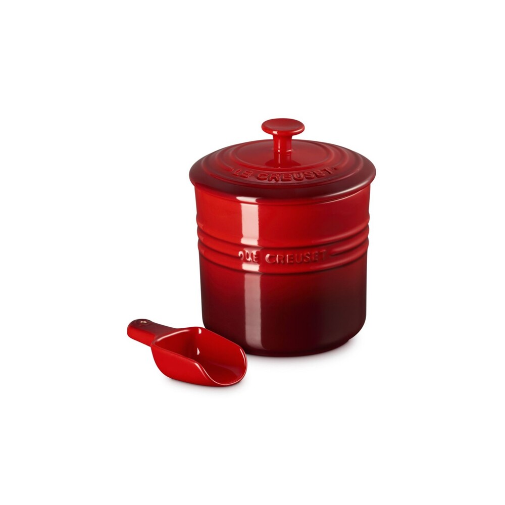 Le Creuset Stoneware Pet Food Storage Container Jar w/ Lid Scoop Cerise Red NEW